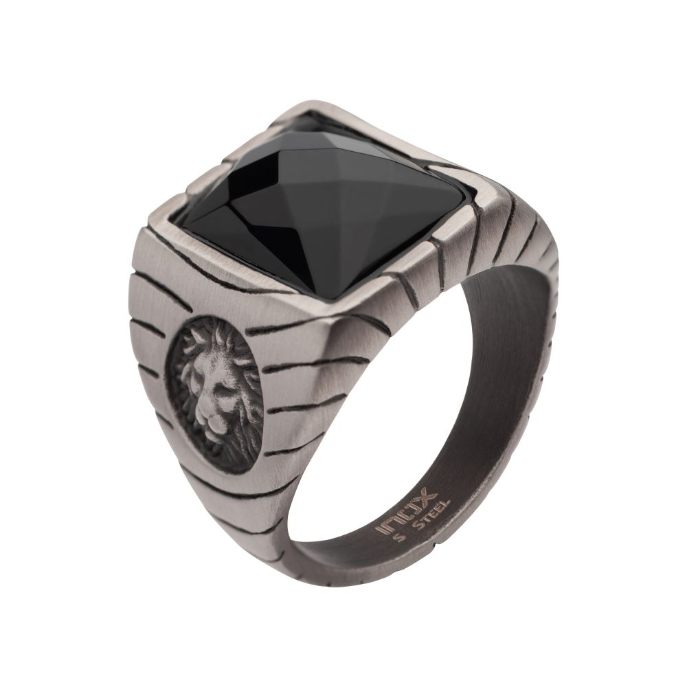 Steel Lion/Blk Agate Ring Size 12