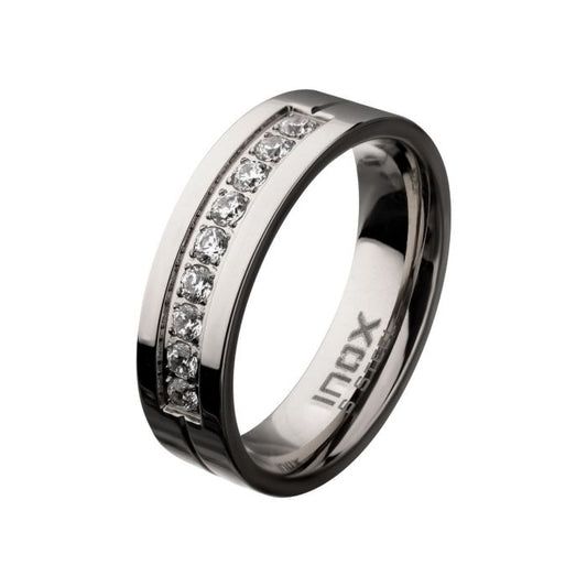 Stainless Steel Polished Steel Comfort-Fit Band with CZ's in Bead Channel Setting Ring Size 10