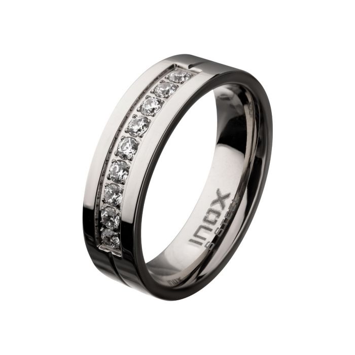 Stainless Steel Polished Steel Comfort-Fit Band with CZ's in Bead Channel Setting Ring Size 11