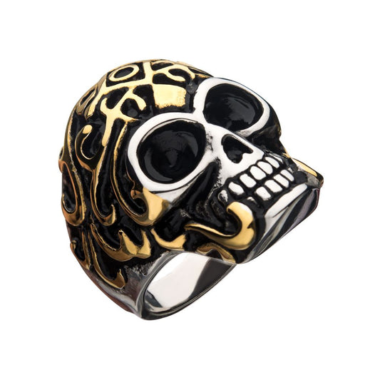 Steel Oxidized Gold IP Skull Ring Size 13