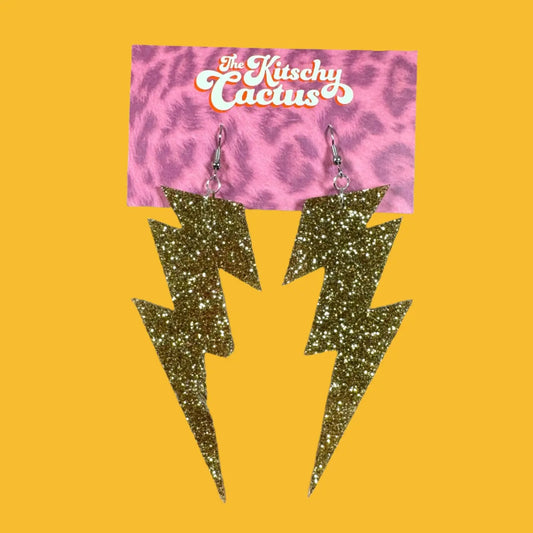 Golden Years-Gold Glitter Lightning Bolt Earrings