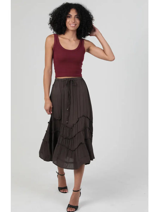 Tie Waist Wavy Ruffle Maxi Skirt