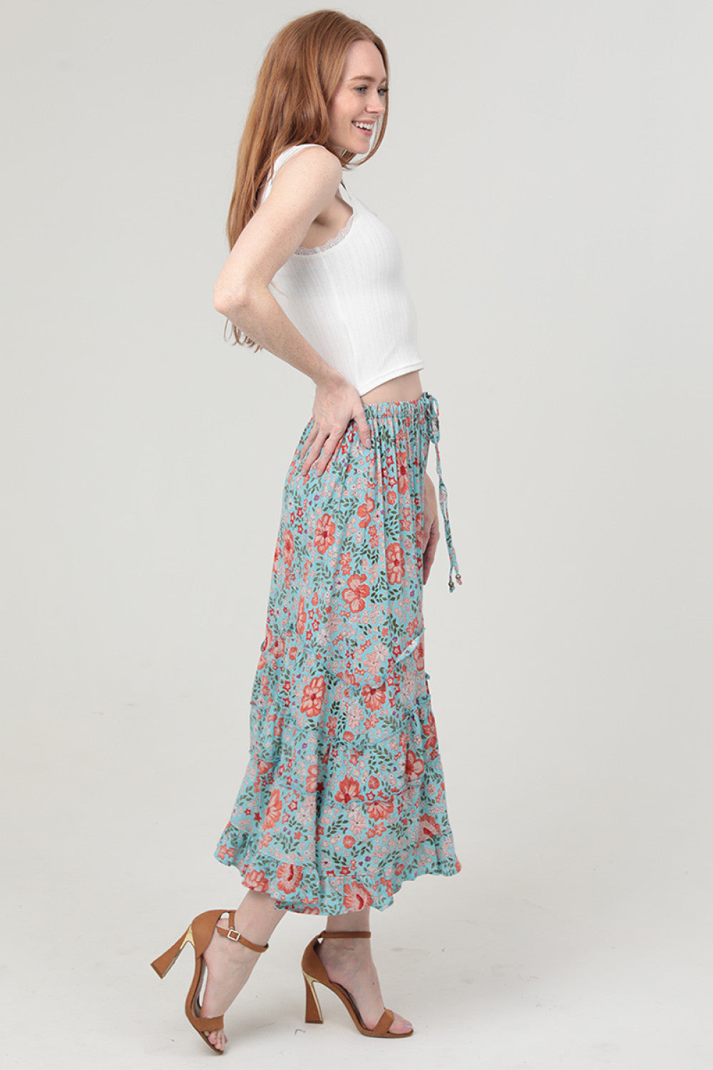 Tie Waist Wavy Ruffle Maxi Skirt
