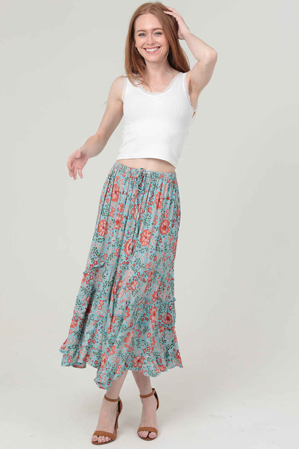 Tie Waist Wavy Ruffle Maxi Skirt