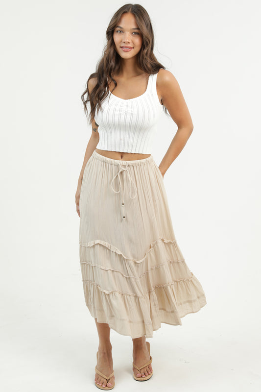 Tie Waist Wavy Ruffle Maxi Skirt