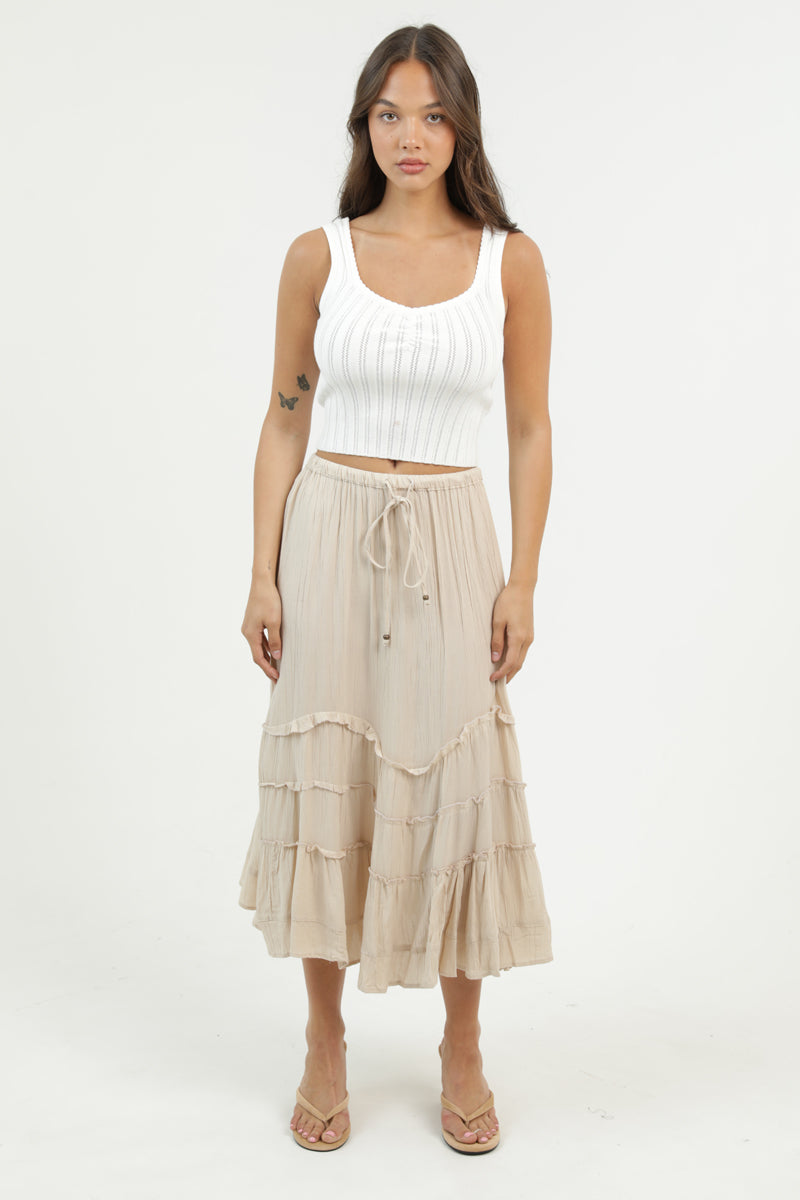 Tie Waist Wavy Ruffle Maxi Skirt
