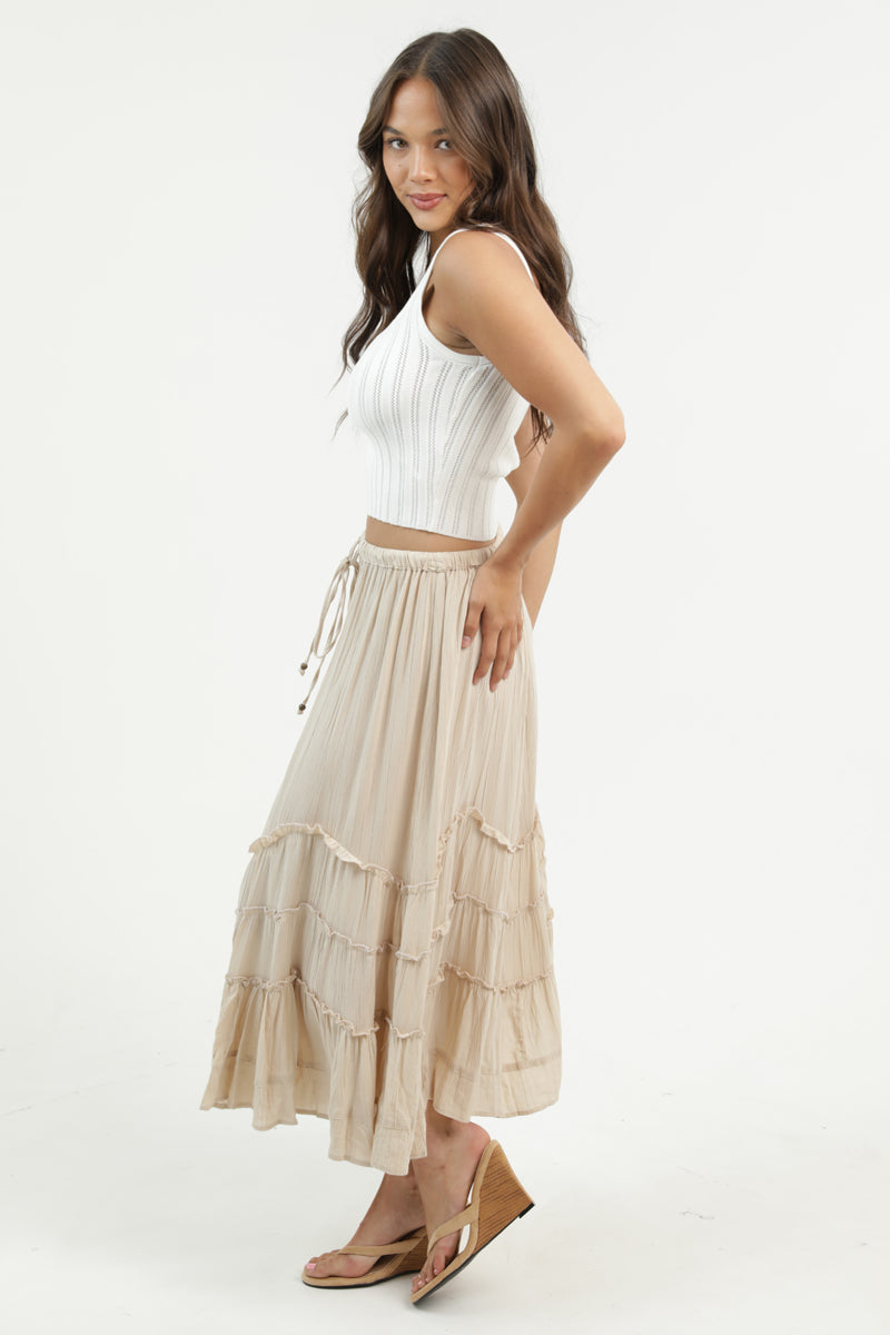 Tie Waist Wavy Ruffle Maxi Skirt