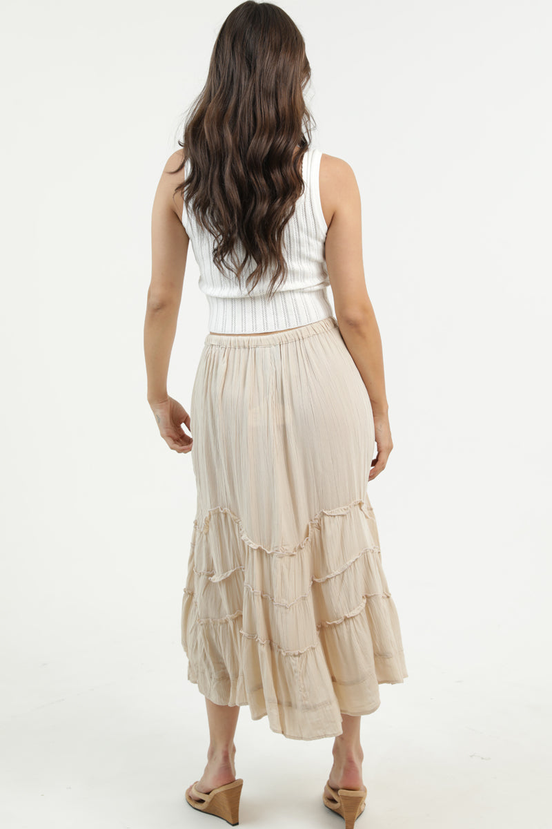 Tie Waist Wavy Ruffle Maxi Skirt