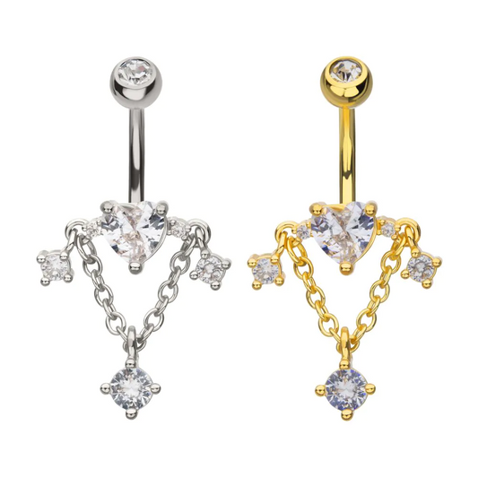 Heart And Round Prong CZ With Chain Navel