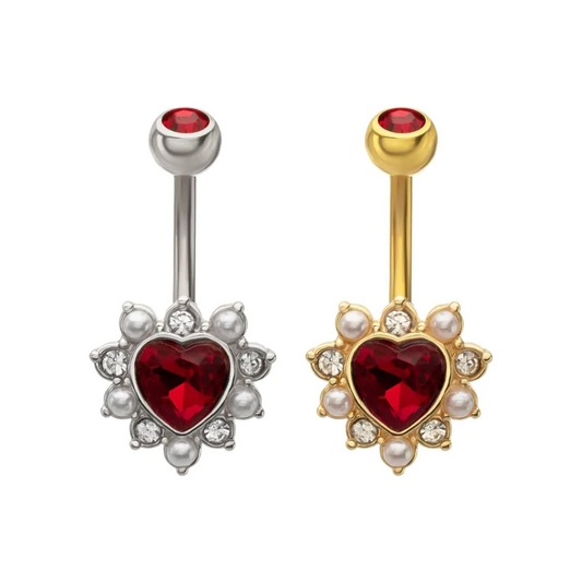 Heart With Pearl And Roung Gem Outline Navel