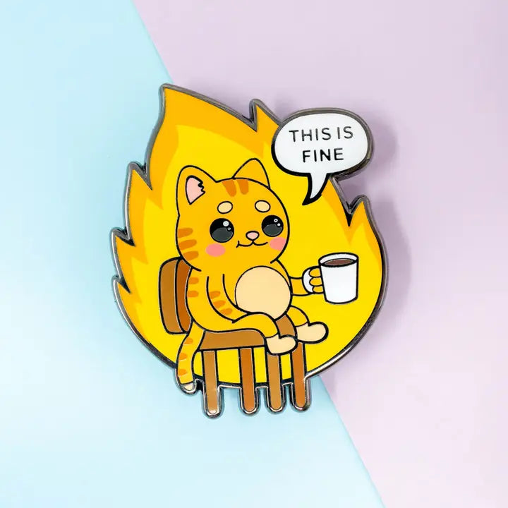 Funny Cute Cat Meme Enamel Pin This Is Fine Animal Pin