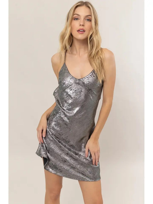 Metallic Cross Back Satin Slip Mini Dress