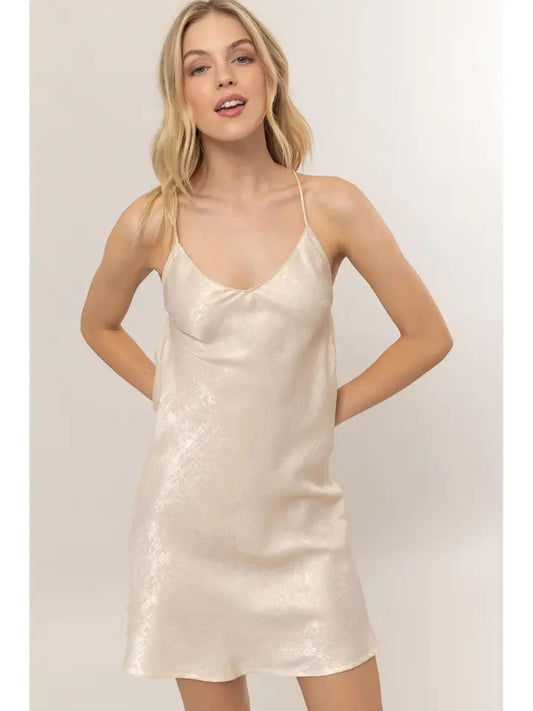 Metallic Cross Back Satin Slip Mini Dress