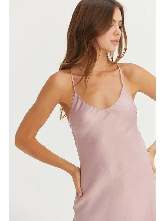 Metallic Cross Back Satin Slip Mini Dress