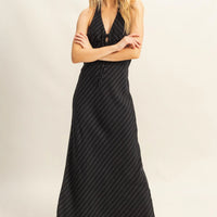Striped Halter Neck Linen Maxi Dress