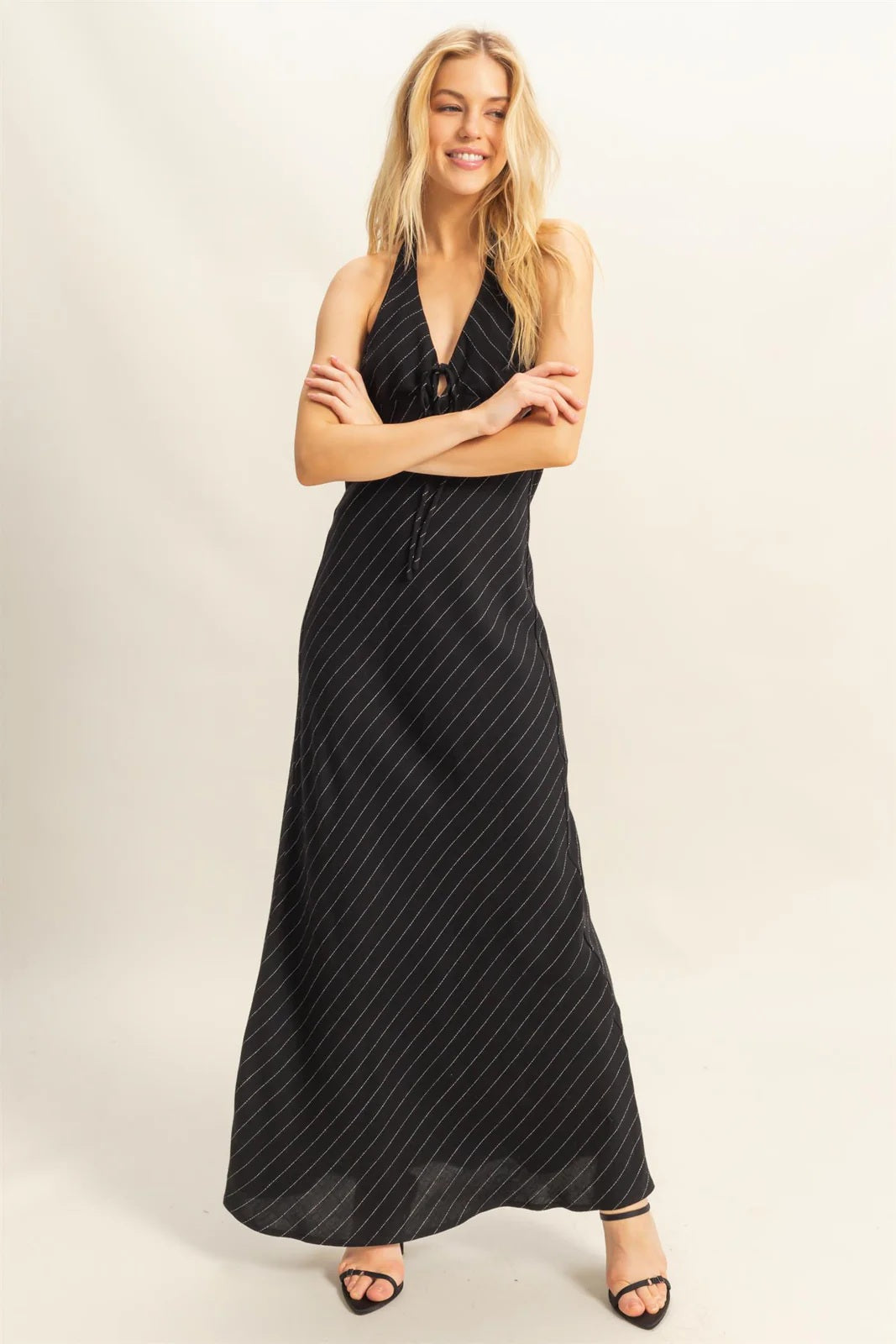 Striped Halter Neck Linen Maxi Dress