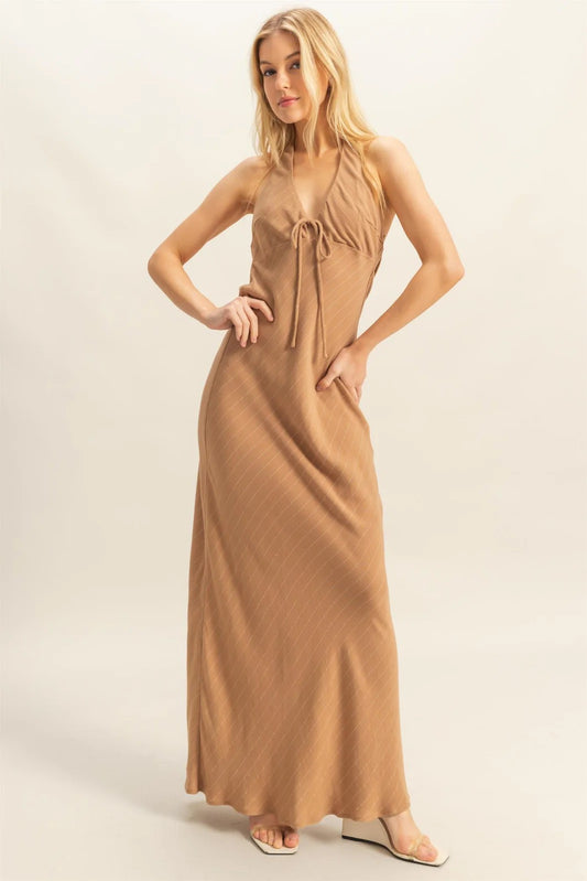 Striped Halter Neck Linen Maxi Dress