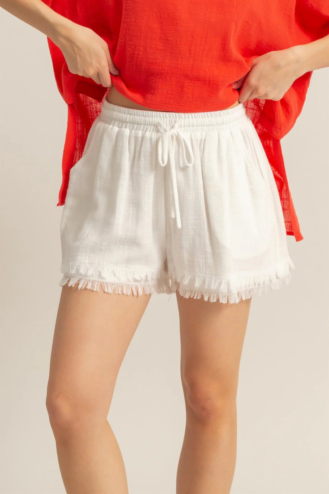 Drawstring Waist Frayed Hem Short Legs