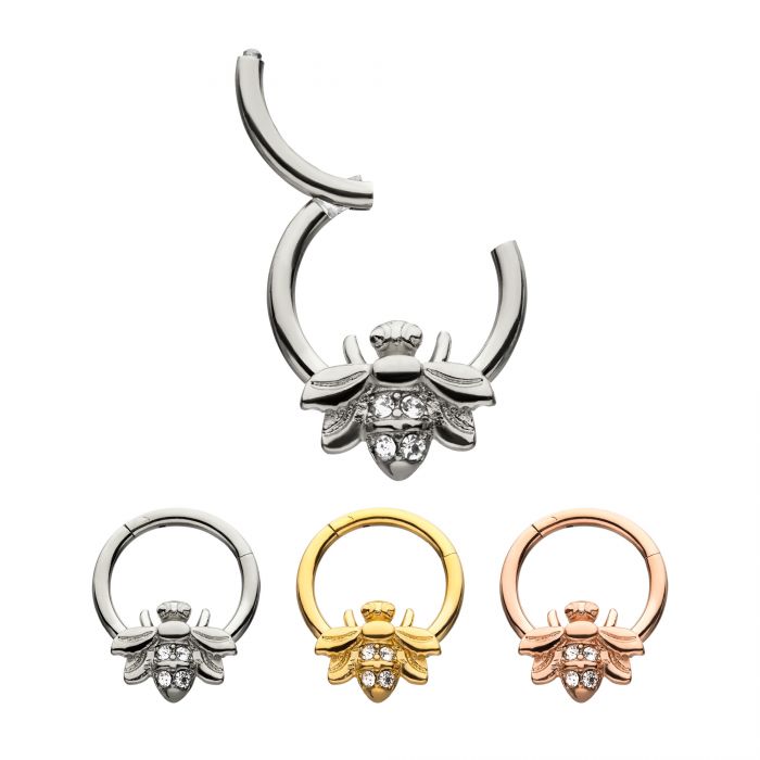 Bee With 4 Gems Hinged Hoop 16g