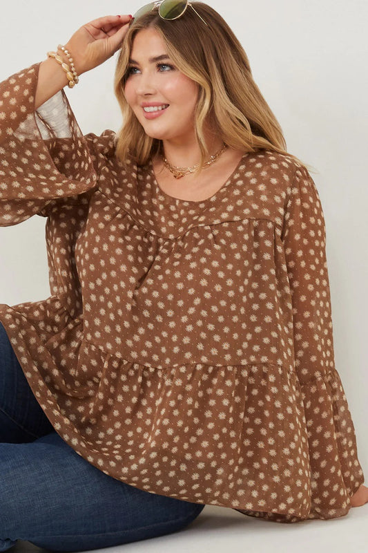 Plus Tiered Long Sleeve Flower Top