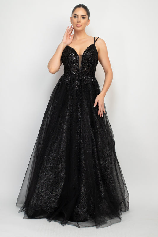 Sequin Studded Tullle Balloon Maxi Dress