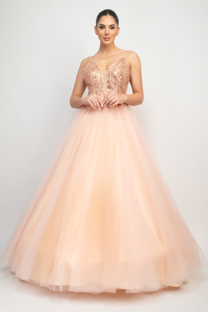 Sequin Studded Tulle Balloon Maxi Dress