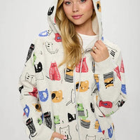 Cartoon Cat Print Zipper Hoodie
