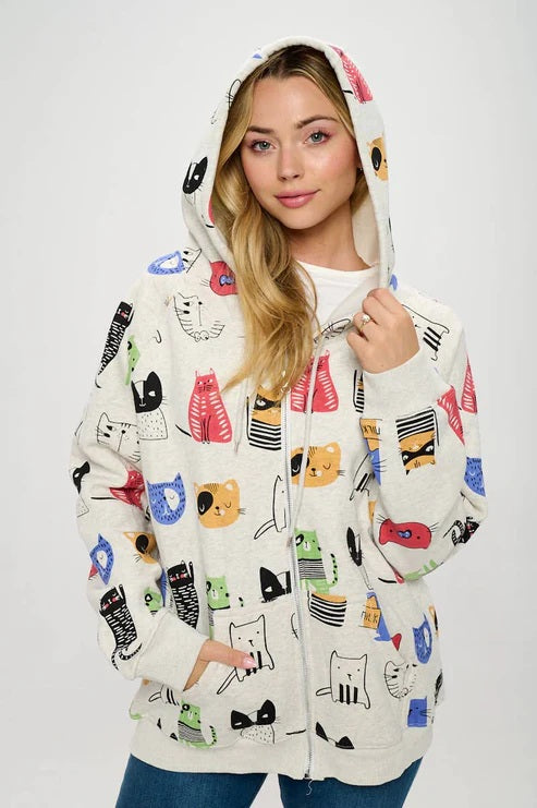 Cartoon Cat Print Zipper Hoodie