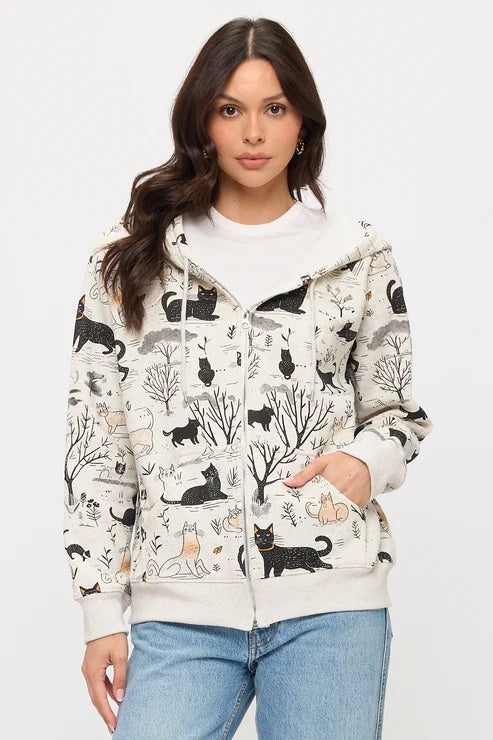 Whimsical Cat Forest Zip Up Hoodie