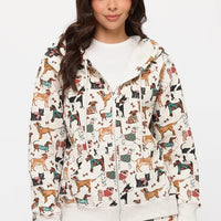 Holiday Dogs Print Zip Up Hoodie