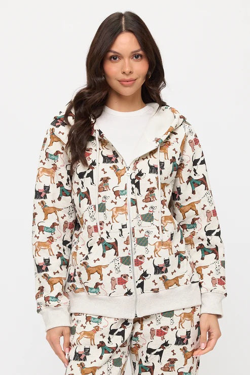 Holiday Dogs Print Zip Up Hoodie