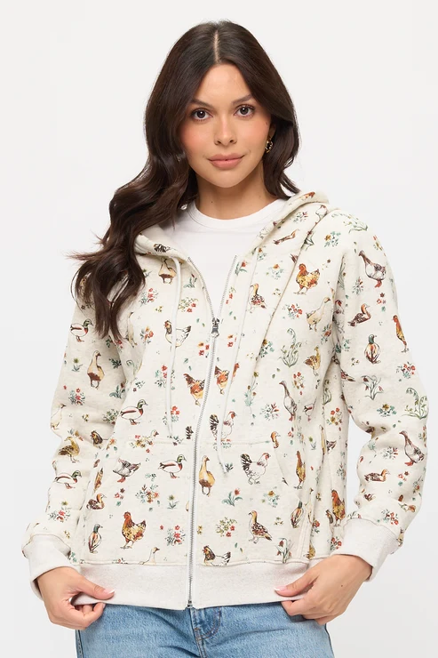 Ducks and Chickens Floral Print Zip Up Hoodie