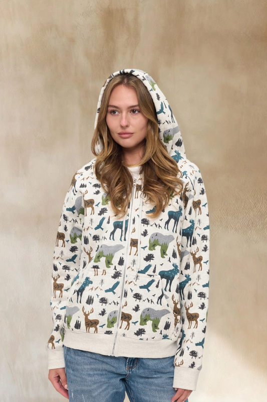 Woodland Wildlife Print Zip-Up Hoodie