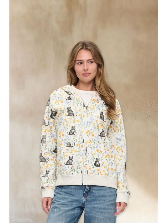 Cat & Wildflower Print Zip-Up Hoodie
