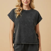 Washed Side Bow Detail Knit T Shirt