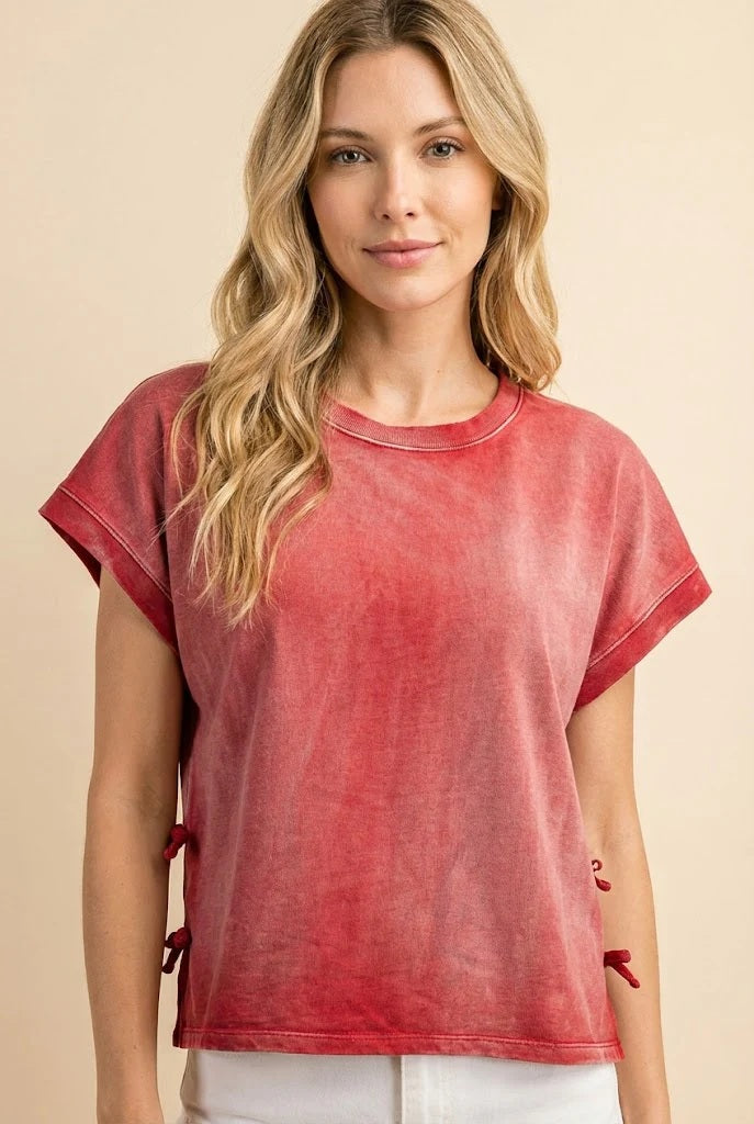 Washed Side Bow Detail Knit T Shirt