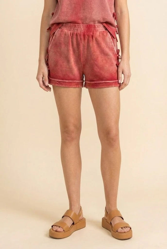 Washed Side Bow Detail Knit Shorts