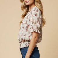 Plus Size Textured Floral Smock Hem Buttoned Blouse