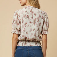 Plus Size Textured Floral Smock Hem Buttoned Blouse