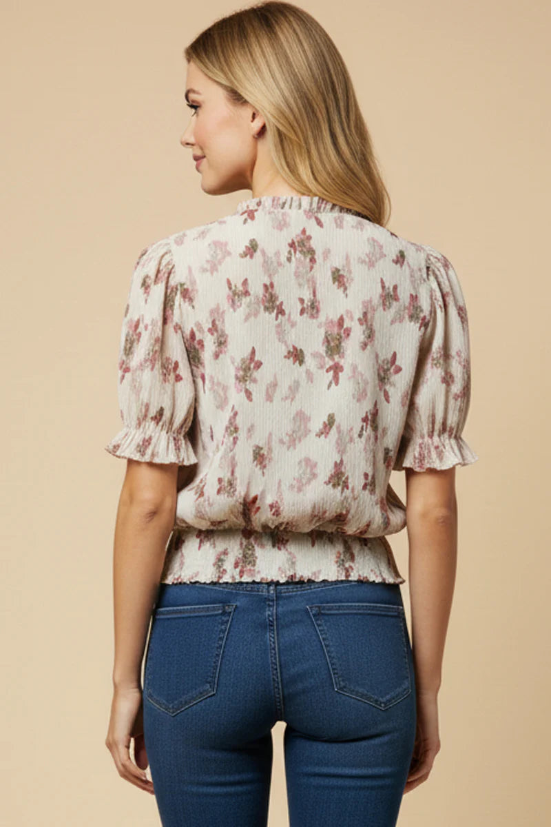Plus Size Textured Floral Smock Hem Buttoned Blouse