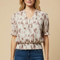 Textured Floral Smock Hem Buttoned Blouse