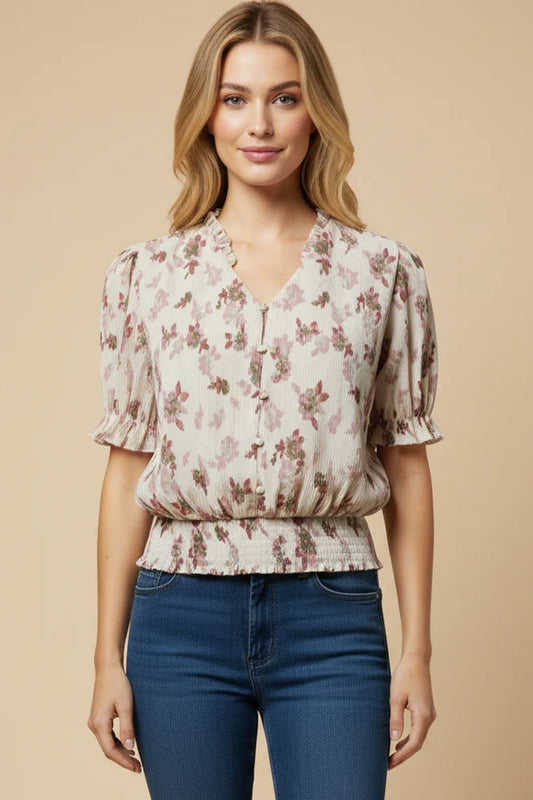 Textured Floral Smock Hem Buttoned Blouse