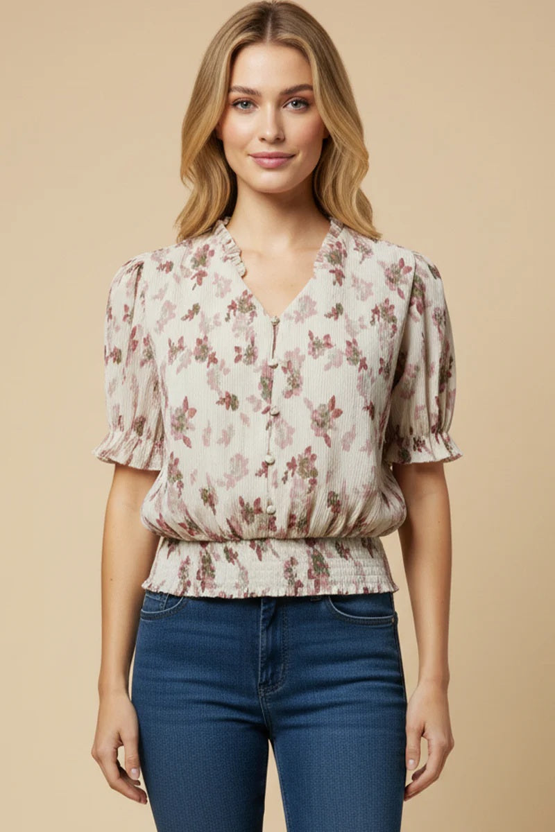Plus Size Textured Floral Smock Hem Buttoned Blouse