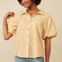 Striped Puff Sleeve Poplin Shirt