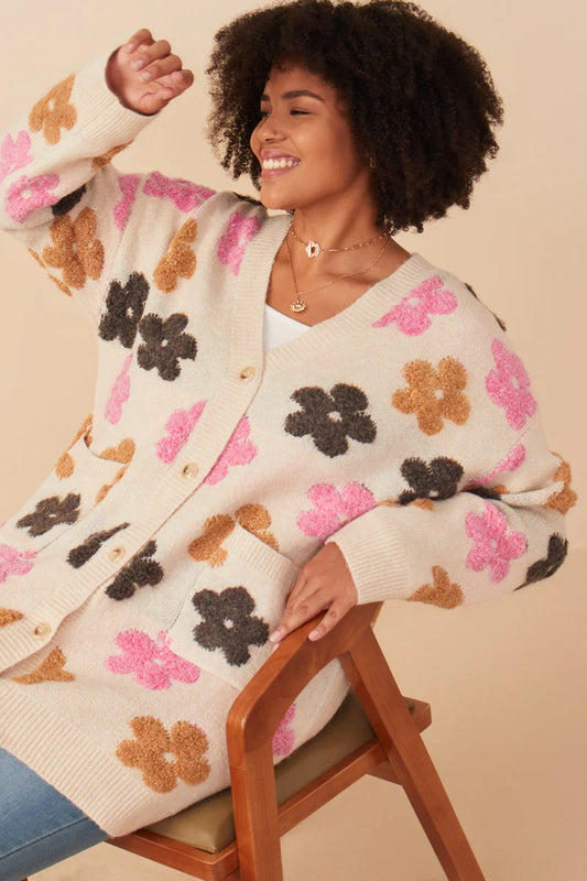 Fuzzy Floral Relaxed Cardigan Plus Size
