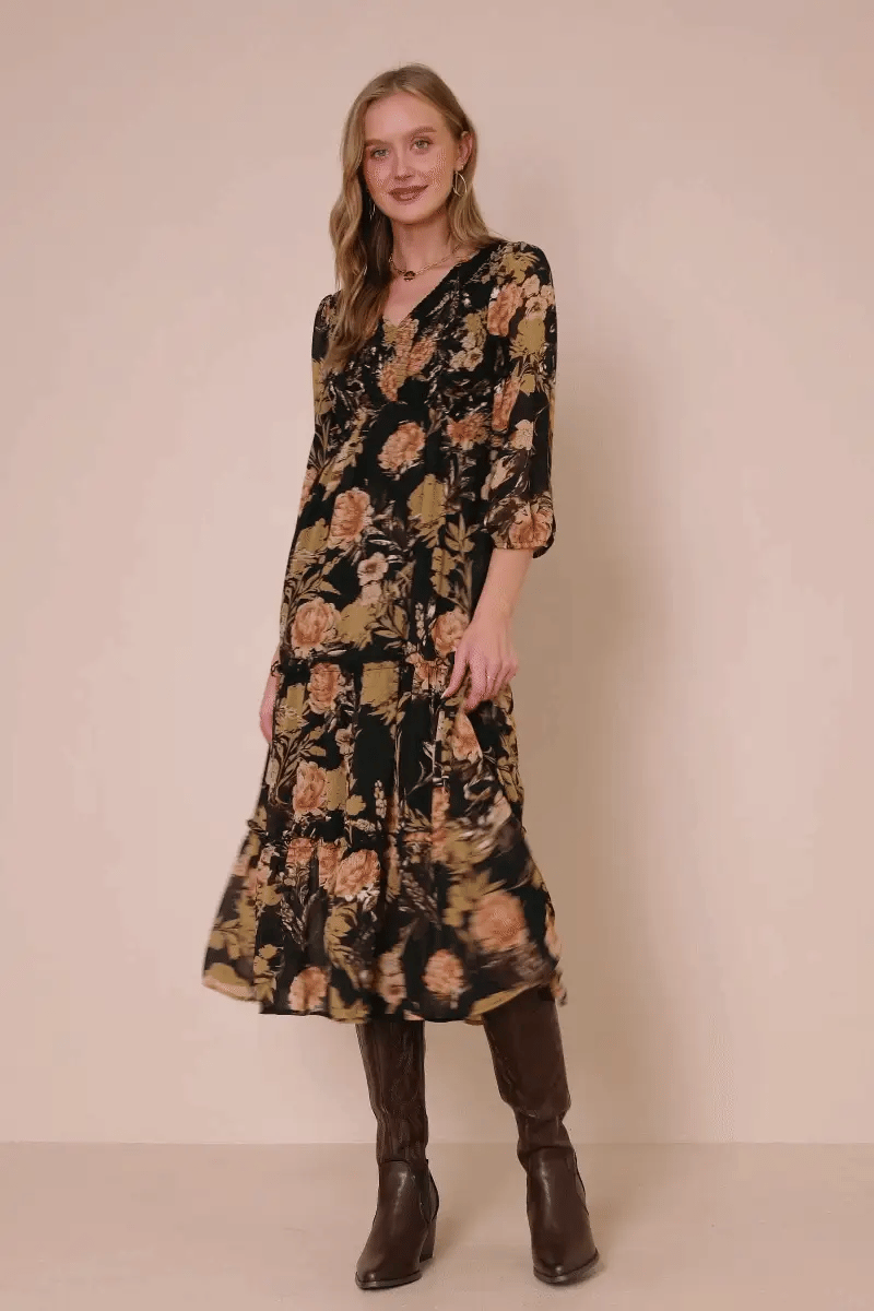 Floral Panel Smocked V Neck Dress