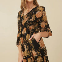 Floral Panel Smocked V Neck Dress