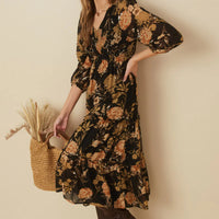 Floral Panel Smocked V Neck Dress