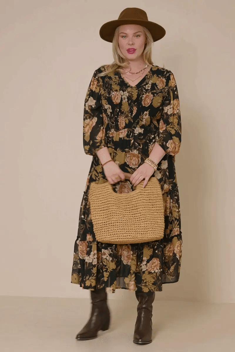 Floral Panel Smocked V Neck Dress Plus Size