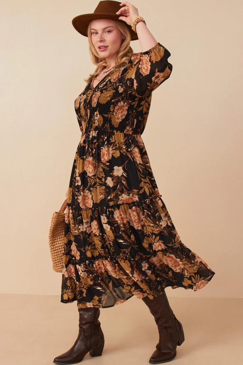 Floral Panel Smocked V Neck Dress Plus Size